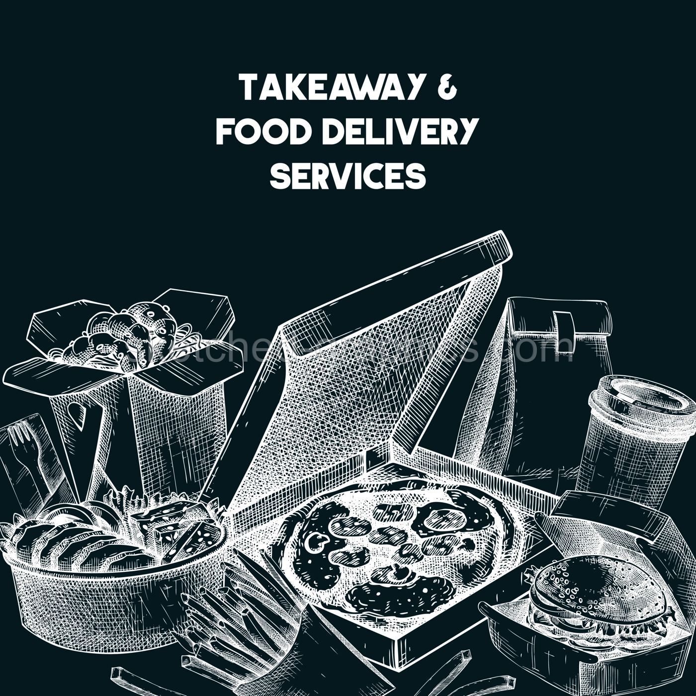 Engraved fast food background. Hand-drawn vector illustration on chalkboard. Burger, pizza box, paper bag, coffee cup sketch. Takeaway food menu design. Restaurant delivery banner template Illustration